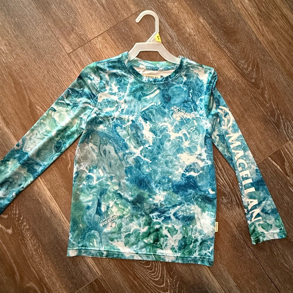 Magellan Outdoors Aqua and White boys dri fit fishing Tee